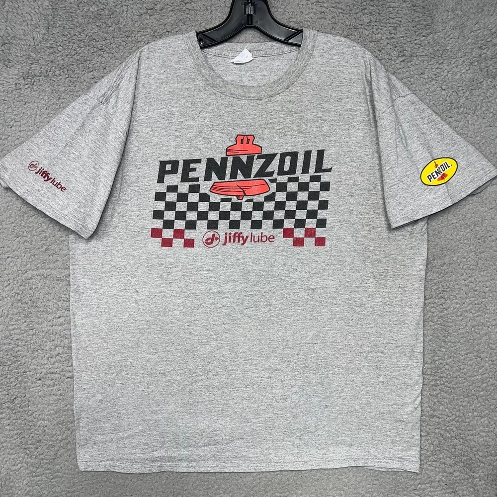 VTG Pennzoil x Jiffy Lube T‎ Shirt Men's Size XL Gray Checkered Flag Racing Tee